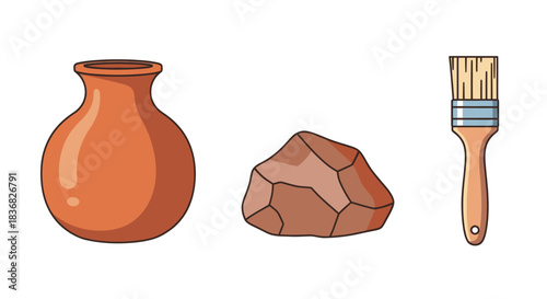 Cartoon illustration of ancient tools: terracotta pot rock and paintbrush.