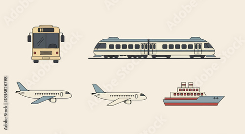 Collection of diverse transportation vehicles including a bus train airplanes and ship.