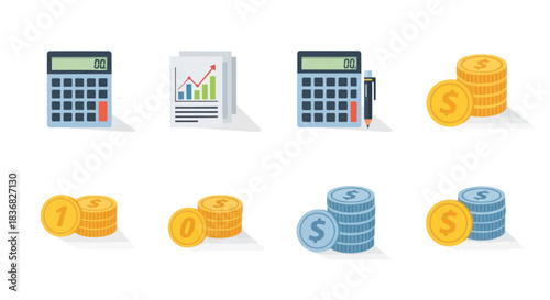 Financial Icons: Calculator Report and Coin Stacks for Business and Accounting.