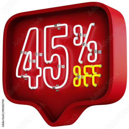 3D Flickering Animation of 45 Percent Off Neon Discount Sign Inside a Red Bubble Balloon