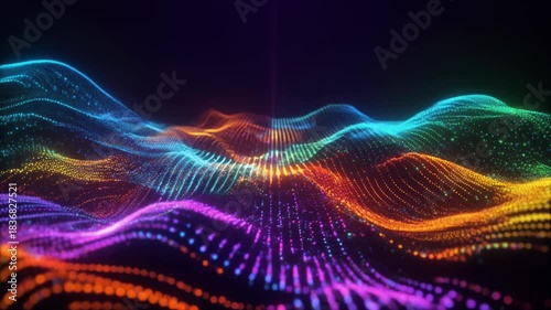 Vibrant abstract digital landscape with glowing colorful particle waves on a dark background, representing data visualization or sound frequencies.