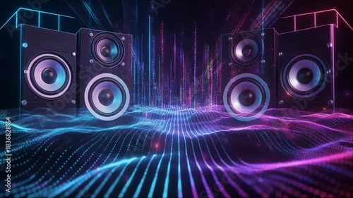 Four speakers with glowing blue and purple sound waves creating a vibrant and dynamic music background.