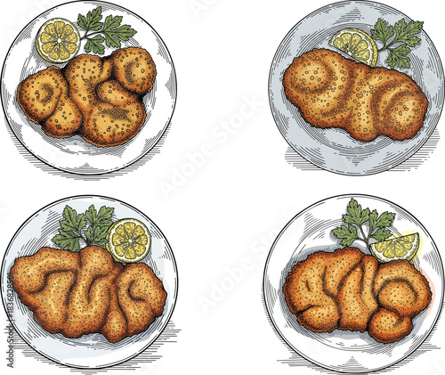 Austrian Wiener Schnitzel Plate Illustration Set with Crispy Breaded Cutlet Lemon Garnish Traditional Vintage Styled Artwork
