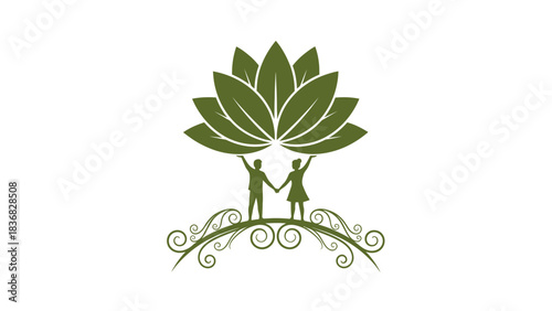 Sustainable Partnership Logo Design: People Silhouettes Holding Up a Green Lotus Blossom