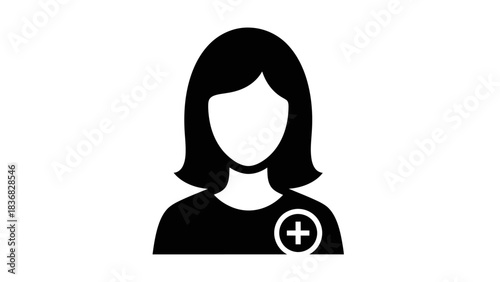 Add Female User Icon. Vector Illustration of Woman Profile with Plus Sign Symbol for App Interface or Registration.