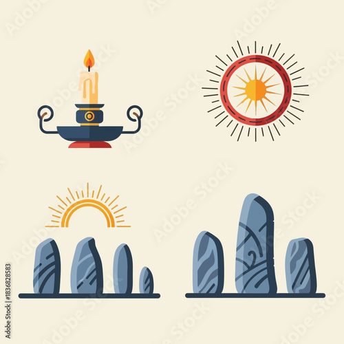 Winter Solstice Ritual Symbol Icon Set with Decorative Patterns