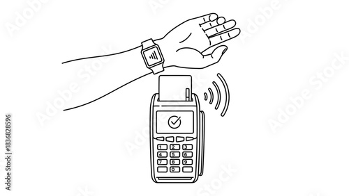 Smartwatch Contactless Payment Line Illustration. Hand paying using NFC technology on POS terminal
