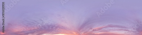 Seamless 360 HDR spherical panorama of sunset sky with vibrant pink Cumulus clouds. Full zenith or sky dome in 3D, sky replacement for aerial drone panoramas. Climate and weather change.