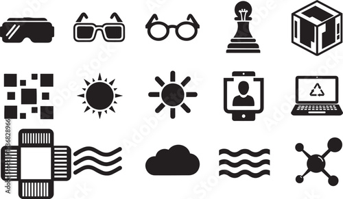 Assorted Black Icons for Technology and Concepts on White Background