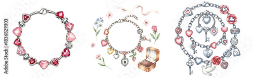 Three bracelets with heart shaped charms and decorative elements on a transparent surface on transparent background