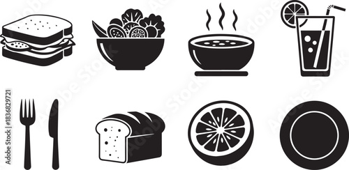 Food and Drink Icons with Utensils Keywords: food, drink, icons, utensils, sandwich, salad, soup