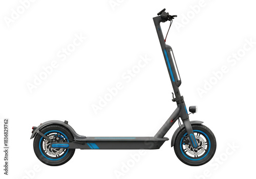 Dark grey electric scooter with blue accents isolated on transparent background