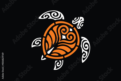 Bold Turtle Logo Design with Intricate Tribal Koru Patterns
