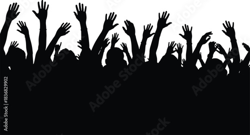 Dense crowd silhouette vector border set showing people with hands raised up high, symbolizing celebration, audience participation, excitement, enthusiasm, and public event cheer.