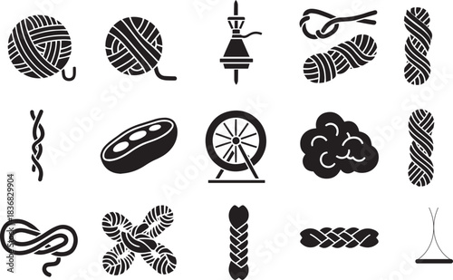 Yarn and Spinning Icons Set Keywords: yarn, spinning, icons, set, wool, thread, fiber, craft