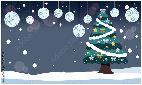 クリスマスのイラスト素材。雪景色の背景とオーナメント、クリスマスツリー