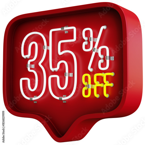 3D Flickering Animation of 35 Percent Off Neon Discount Sign Inside a Red Bubble Balloon