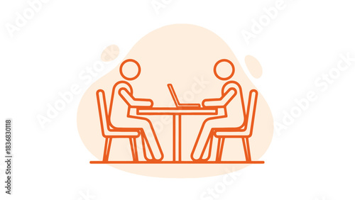 Business Meeting or Interview Line Icon Vector Illustration. Two people discussing across a table with a laptop, representing collaboration and online discussion.