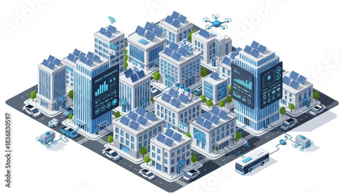 Futuristic Isometric Smart Cityscape with Solar Panels Data Screens and Eco-Friendly Transport.