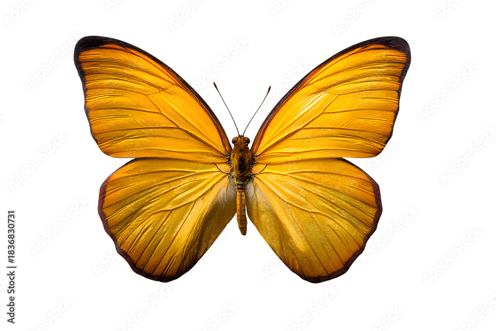 Fototapeta premium Vibrant yellow butterfly with detailed wings isolated against a dark background isolated on white background