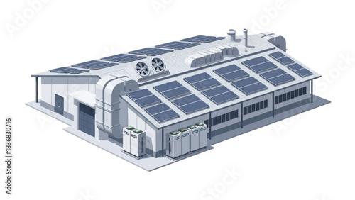 Modern industrial building with rooftop solar panels and external energy storage units.
