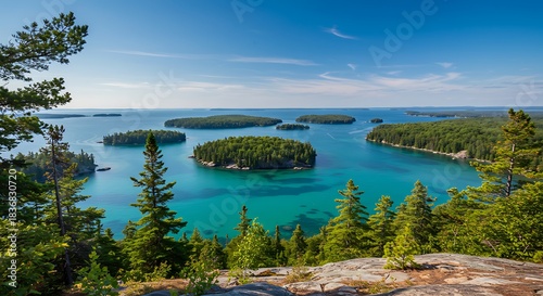 Scenic panorama of a crystal-clear lake dotted with islands, framed by evergreen trees