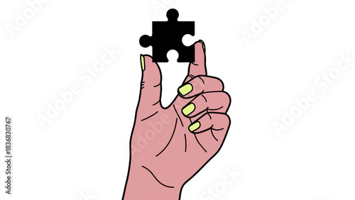 Vector Illustration of Hand Holding a Black Puzzle Piece Symbolizing Solution and Problem Solving