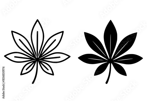 Minimalist icon, cassava leaf vector, black and white, outline and silhouette