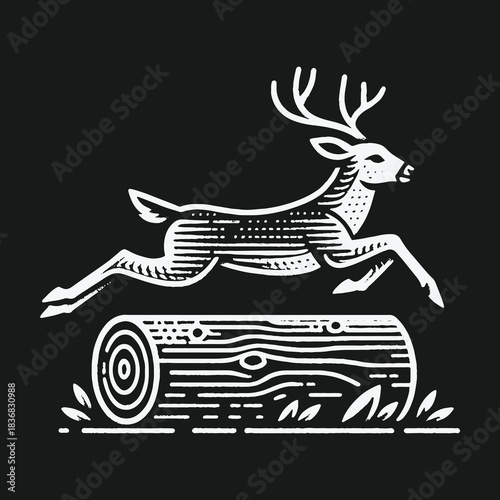 Monochrome linocut style illustration of a deer jumping over a log.