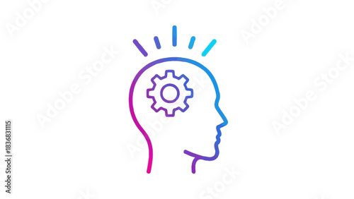 Gradient line icon of human head profile with gear inside, symbolizing thinking process, idea generation, innovation, and intellectual mechanism.