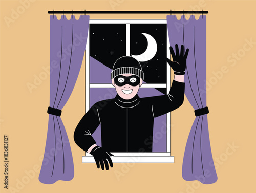 Smiling Burglar Thief Character Breaking In Through Home Window at Night