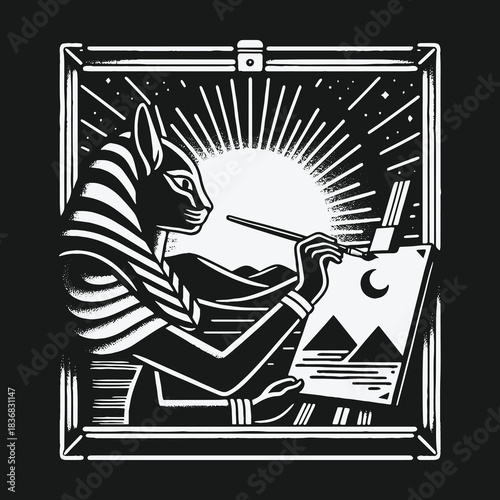 Egyptian Goddess Bastet Painting Pyramids by Sunlight.