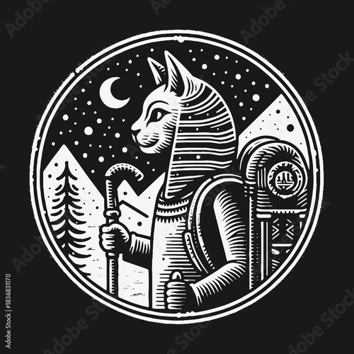 Mythical Egyptian Cat Explorer with Backpack and Staff Under a Starry Sky.