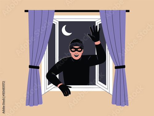 Criminal Robber Masked Man Waving Hand from House Window Illustration