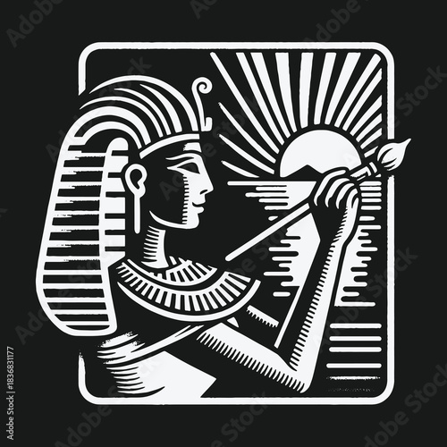 Ancient Egyptian Pharaoh Painting a Sunrise Vector Illustration.