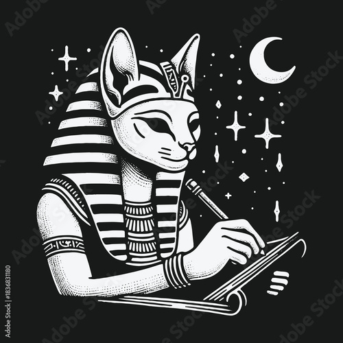 Ancient Egyptian Cat Goddess Bastet Writing Under a Starry Night Sky.