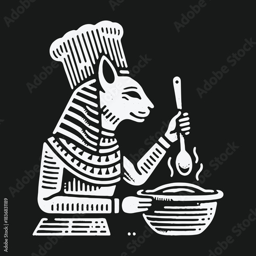 Ancient Egyptian God as a Chef Cooking in a Bowl Linocut Style.