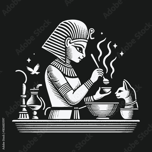 Ancient Egyptian Pharaoh Preparing a Mystical Potion with a Cat.