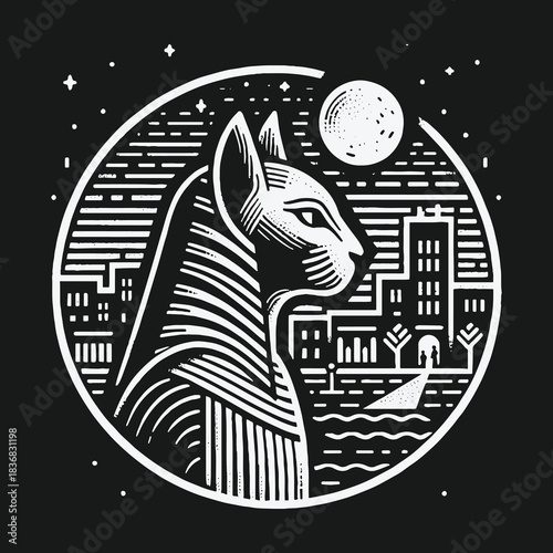 Stylized Egyptian Bastet Cat Illustration with a Modern Cityscape at Night.