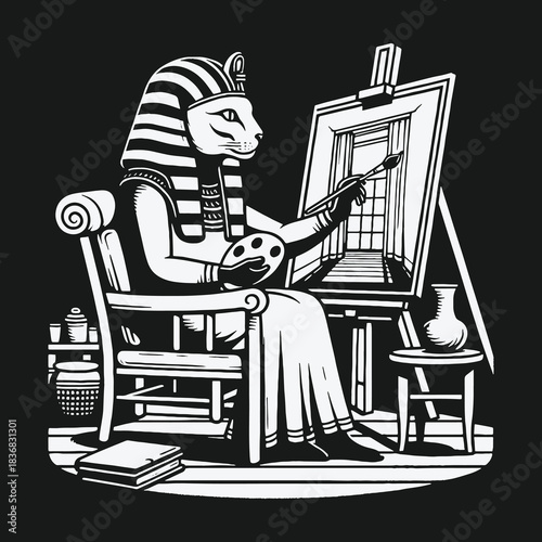 Egyptian Cat Pharaoh Artist Painting on an Easel Illustration.
