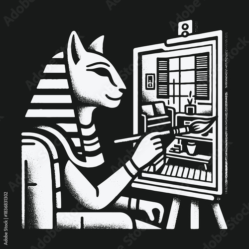 Surreal Black and White Illustration of a Cat Pharaoh Artist.