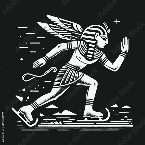 Winged Egyptian Pharaoh God Speed Skating on Ice.