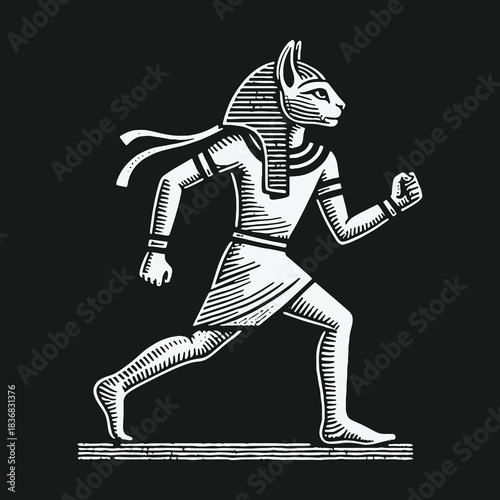 Ancient Egyptian cat goddess Bastet running in a stylized illustration.