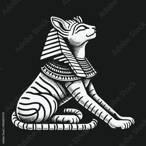 Engraved style portrait of the Egyptian goddess Bastet.