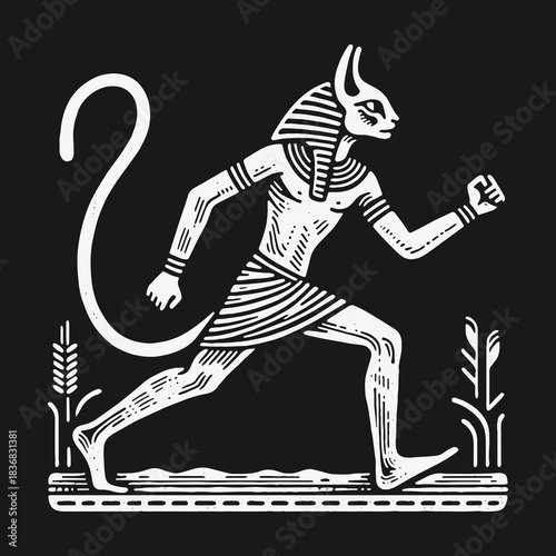 Ancient Egyptian cat goddess Bastet in a running pose linocut style.