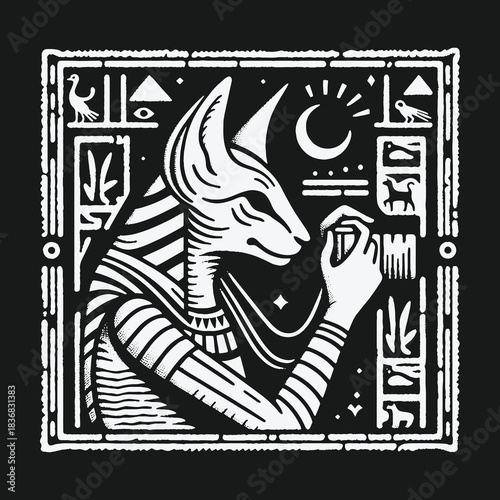 Monochrome Graphic Illustration of Egyptian God Anubis.