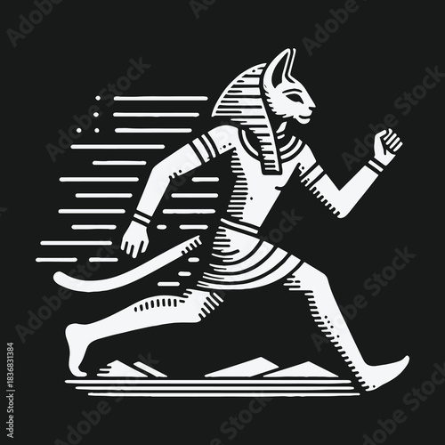 Ancient Egyptian Cat Goddess Bastet Running in Profile Graphic Illustration.