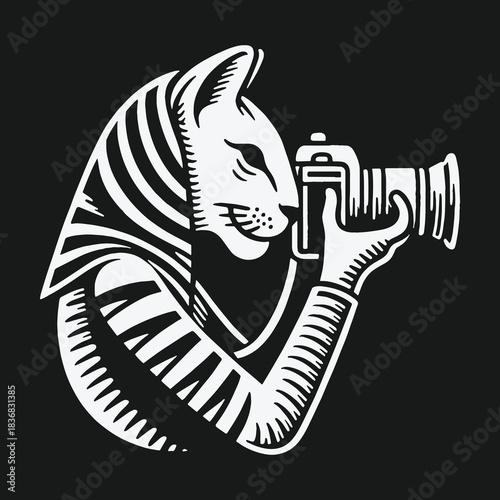 Anthropomorphic Egyptian cat god taking a photograph.