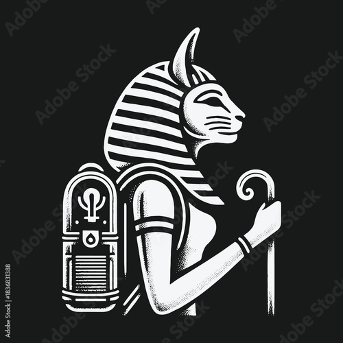 Ancient Egyptian Cat Goddess Bastet with a Vintage Jukebox Illustration.
