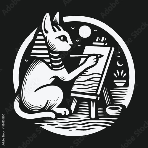 Creative Egyptian Cat Pharaoh Artist Drawing on an Easel Illustration.